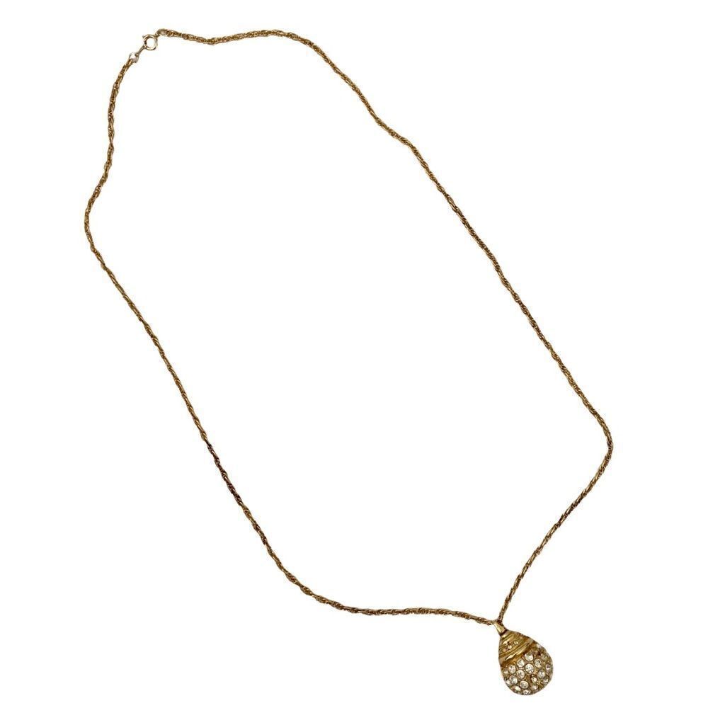 Vintage Tone Long Necklace with Tear Drop Shape Pendant Rhinestone